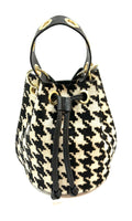 HE1353 Black & White Houndstooth Drawstring Haircalf Bucket Bag