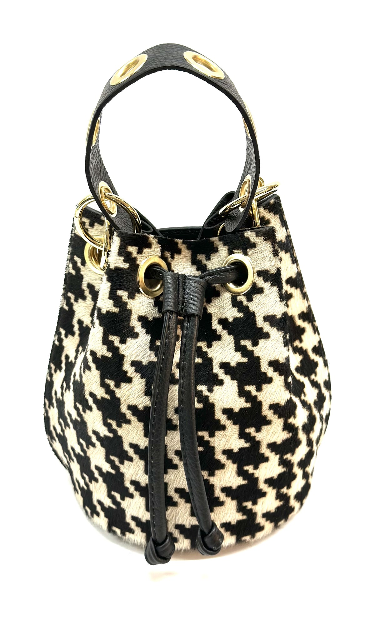 HE1353 Black & White Houndstooth Drawstring Haircalf Bucket Bag