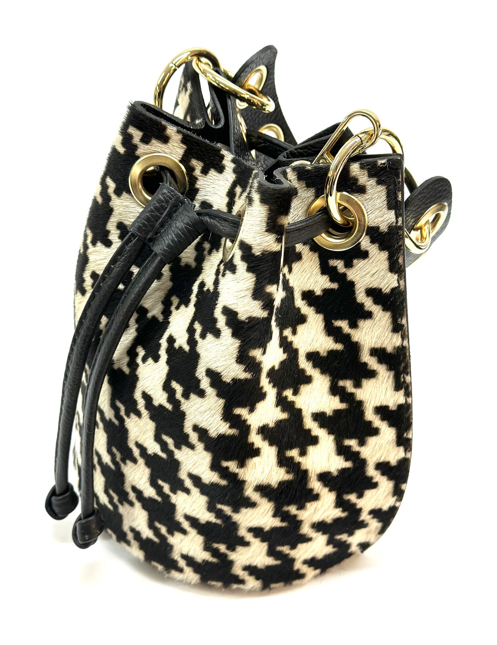 HE1353 Black & White Houndstooth Drawstring Haircalf Bucket Bag