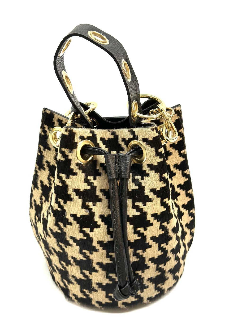 HE1354 Tan Houndstooth Drawstring Haircalf Bucket Bag