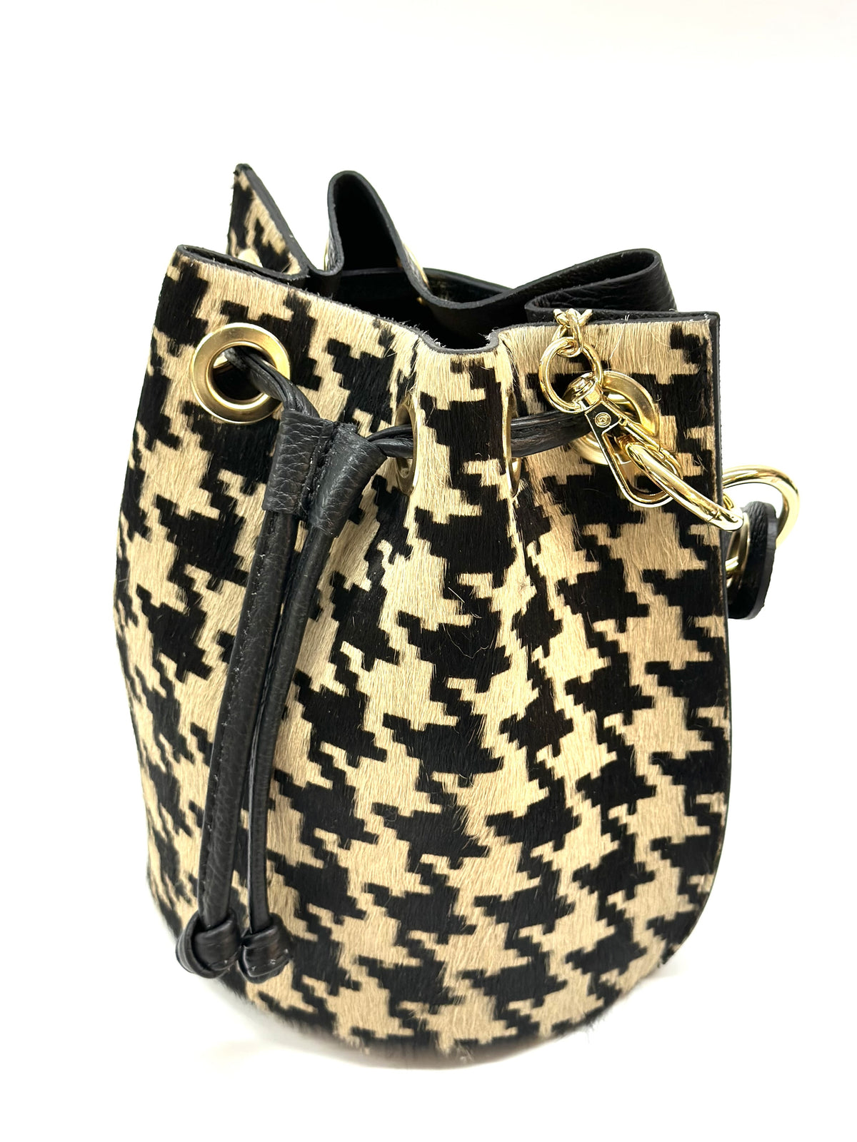 HE1354 Tan Houndstooth Drawstring Haircalf Bucket Bag