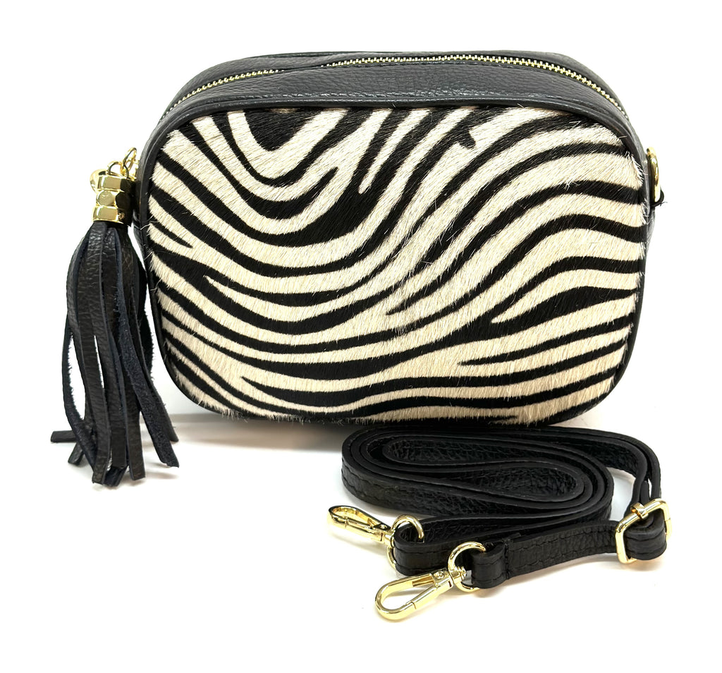 HE1355 Black & White Zebra Tassel Haircalf Crossbody Bag