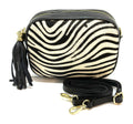 HE1355 Black & White Zebra Tassel Haircalf Crossbody Bag