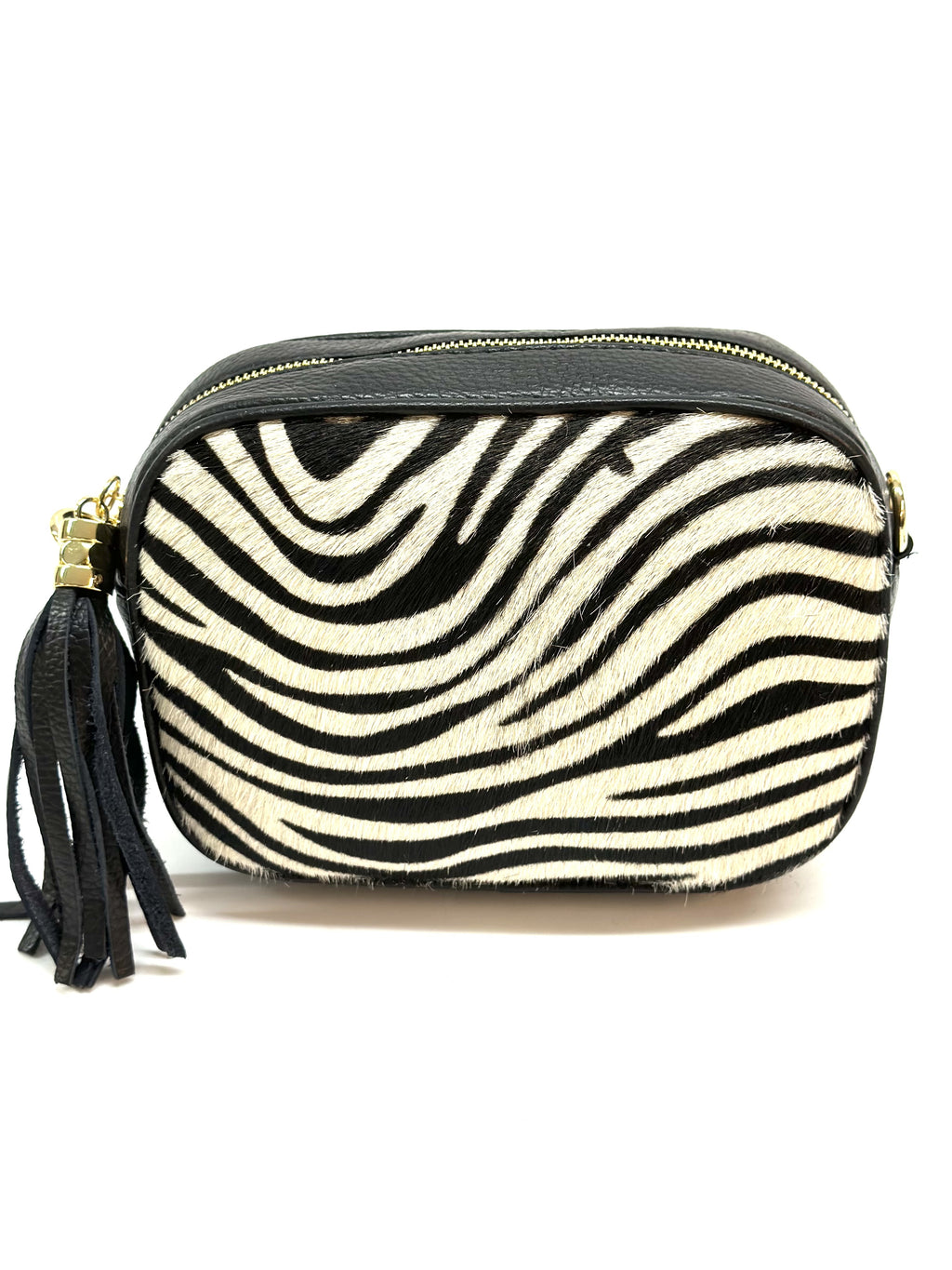 HE1355 Black & White Zebra Tassel Haircalf Crossbody Bag