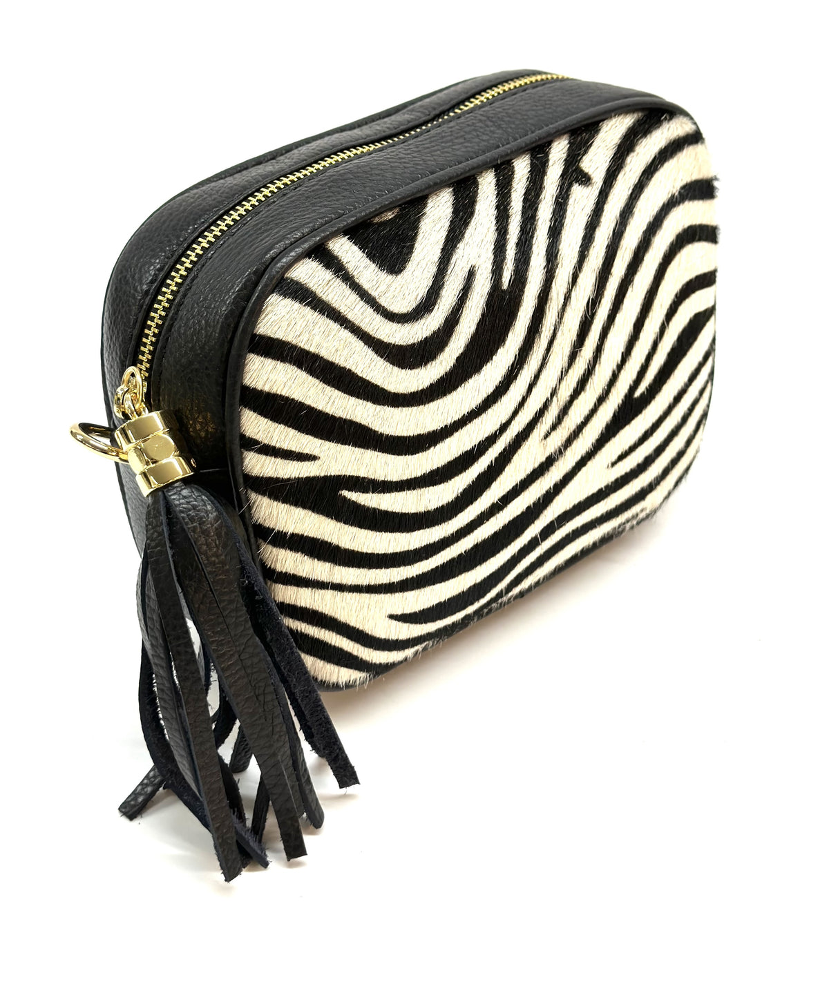 HE1355 Black & White Zebra Tassel Haircalf Crossbody Bag