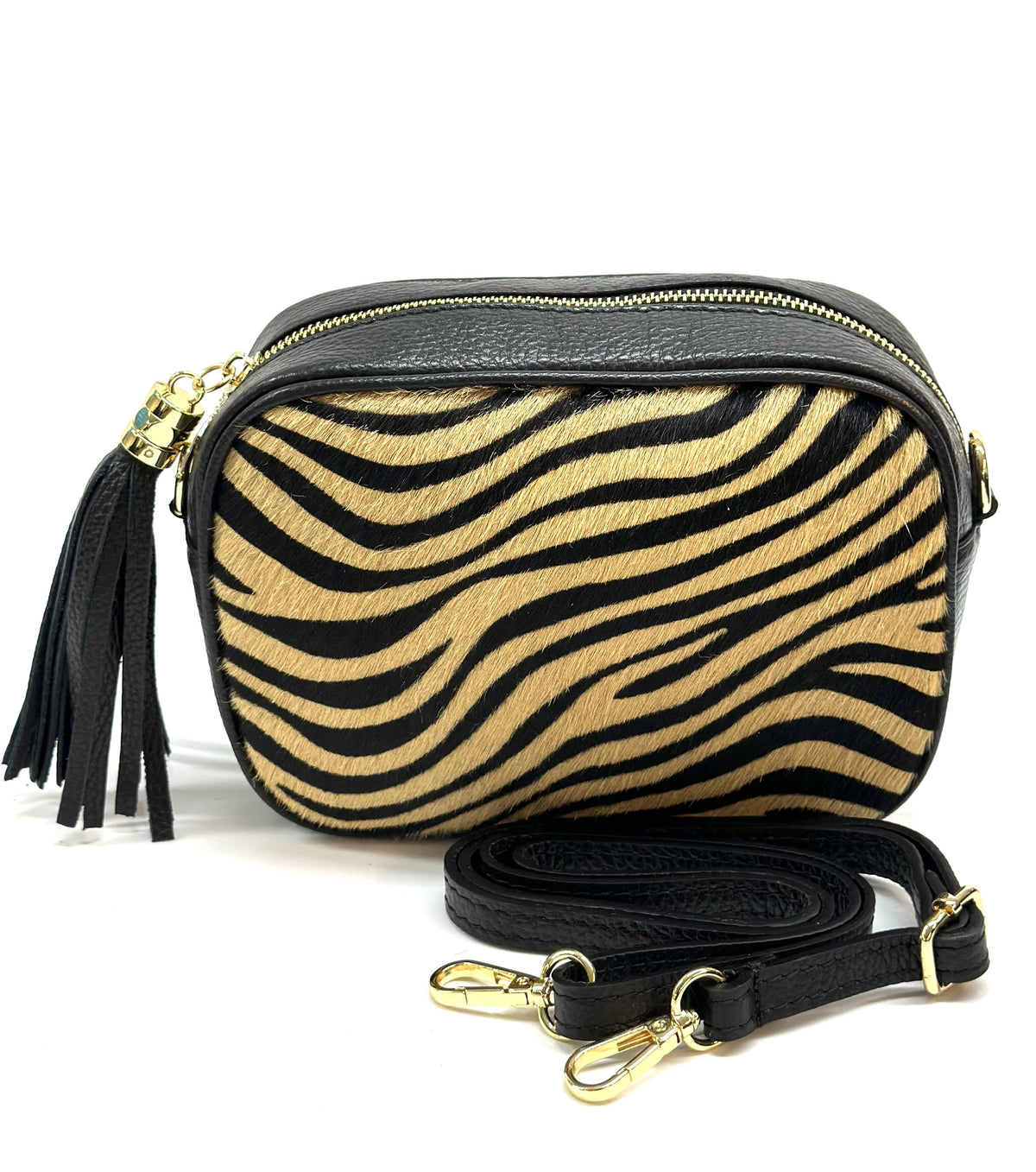 HE1356 Tan Zebra Tassel Haircalf Crossbody Bag
