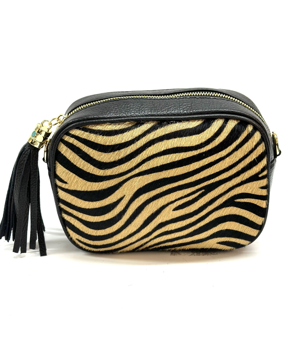 HE1356 Tan Zebra Tassel Haircalf Crossbody Bag