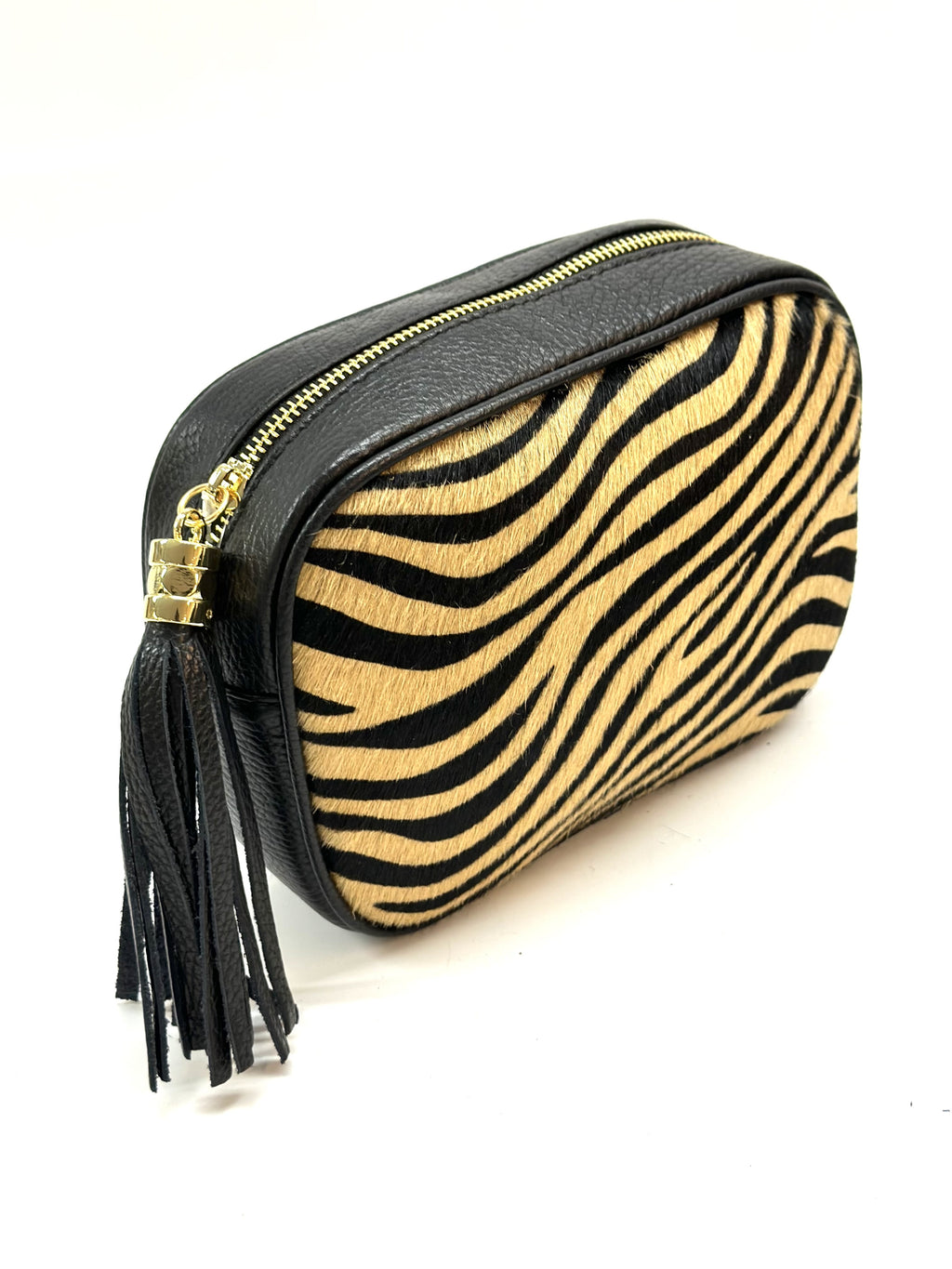 HE1356 Tan Zebra Tassel Haircalf Crossbody Bag