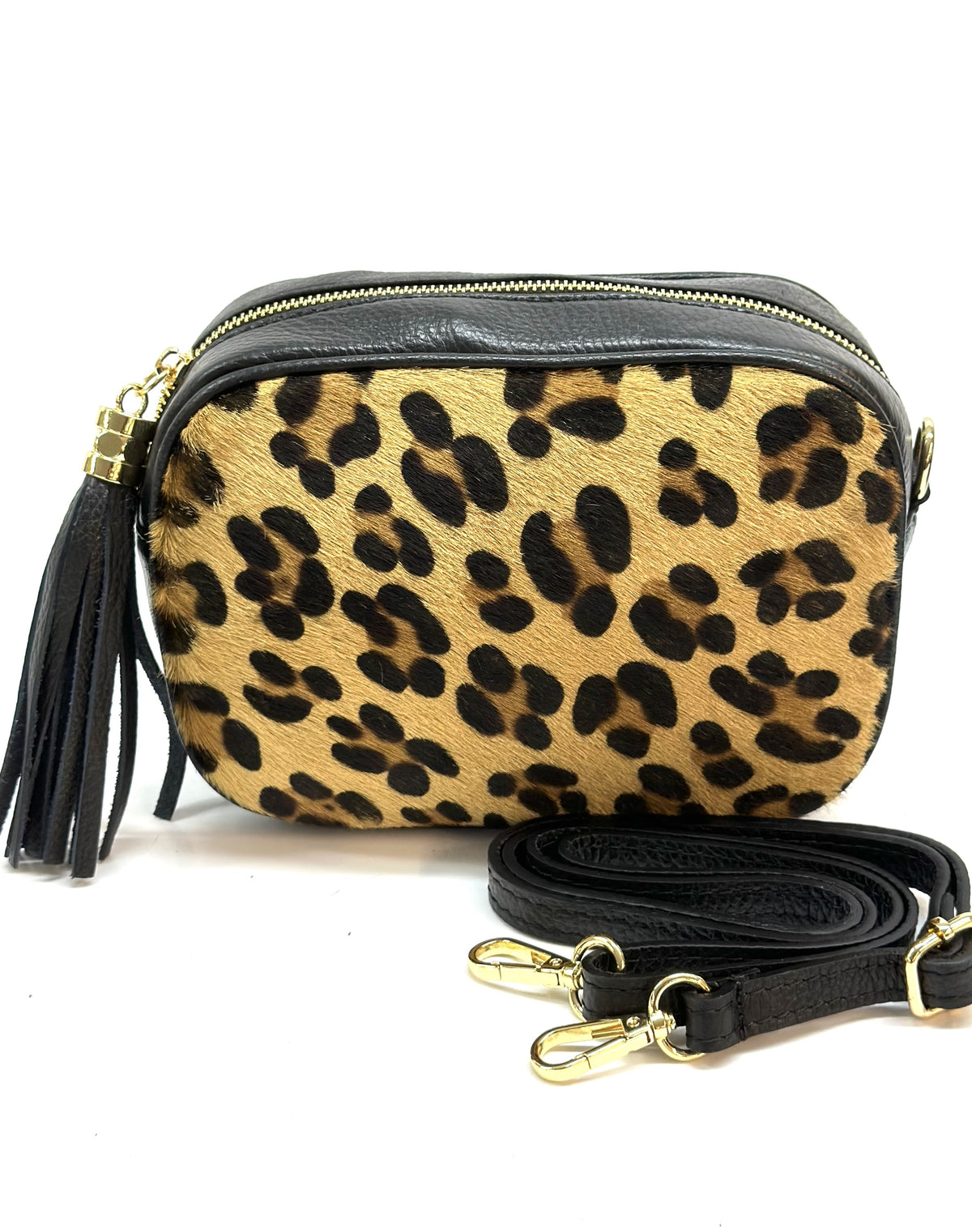 HE1357 Leopard Tassel Haircalf Crossbody Bag