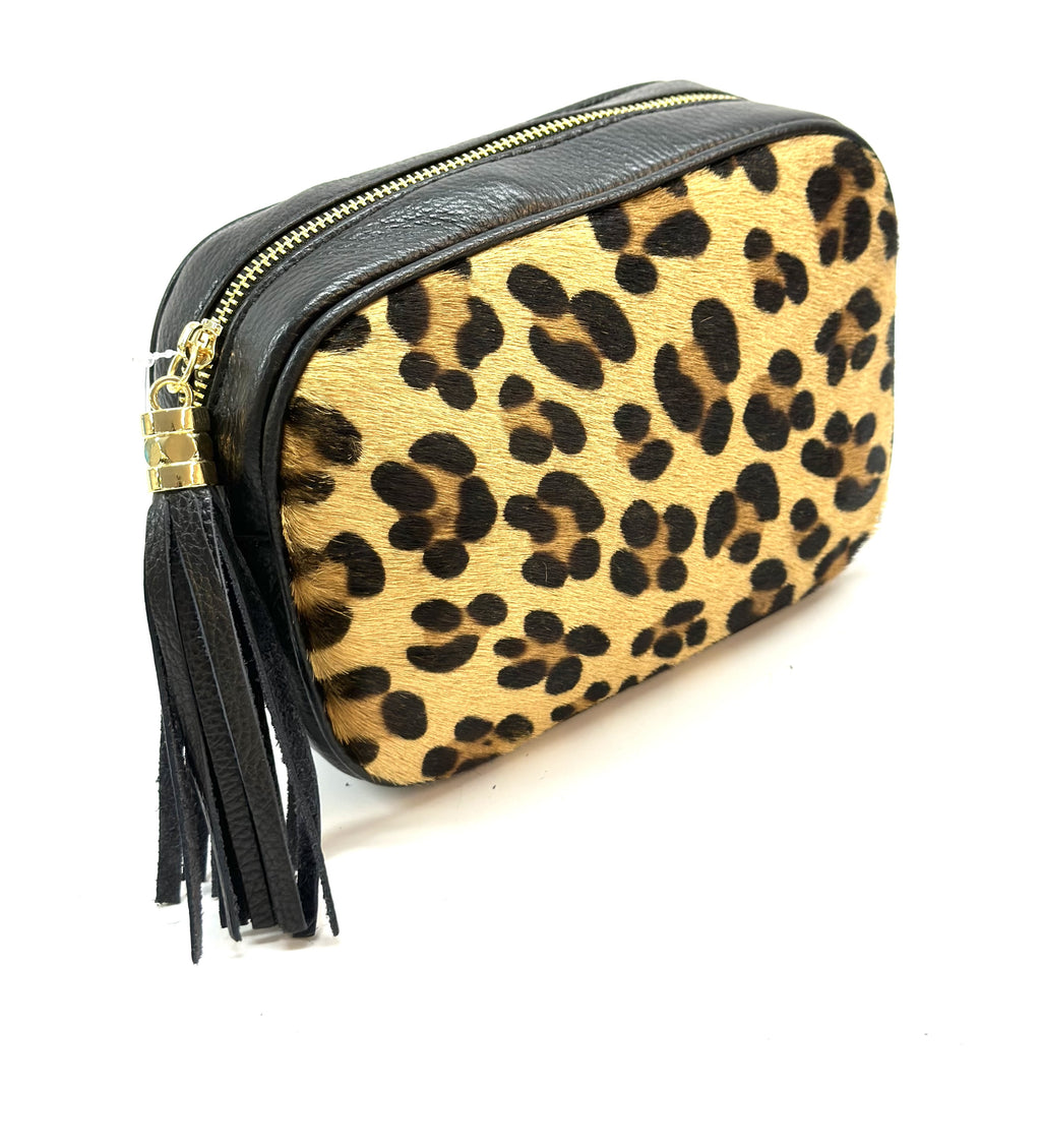HE1357 Leopard Tassel Haircalf Crossbody Bag