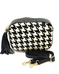 HE1358 Black & White Houndstooth Tassel Haircalf Crossbody Bag