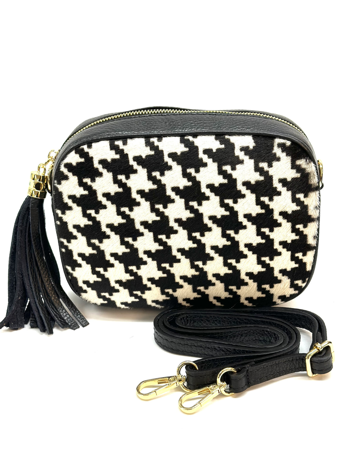 HE1358 Black & White Houndstooth Tassel Haircalf Crossbody Bag
