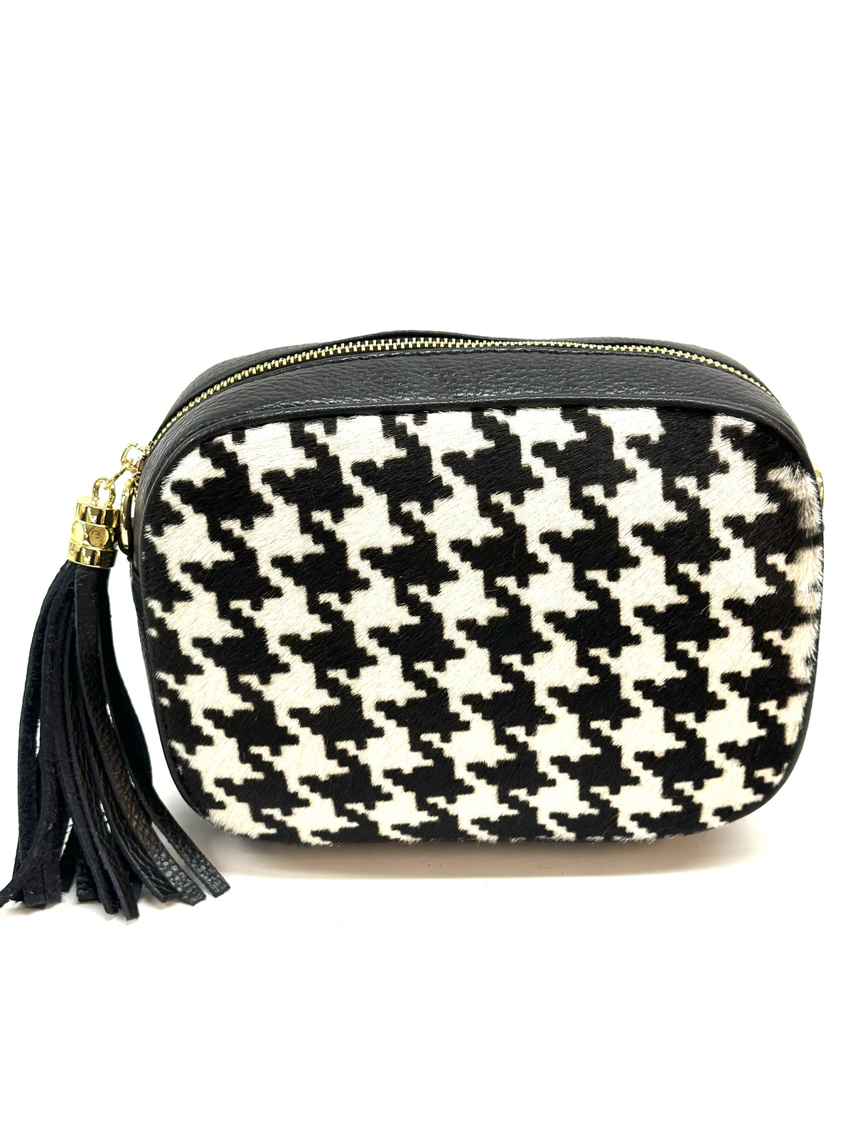 HE1358 Black & White Houndstooth Tassel Haircalf Crossbody Bag