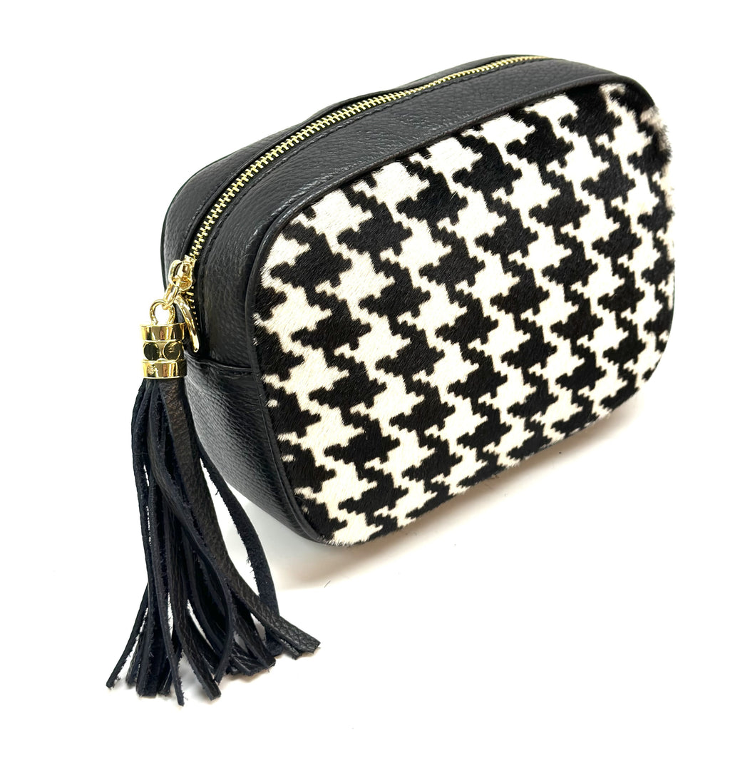 HE1358 Black & White Houndstooth Tassel Haircalf Crossbody Bag