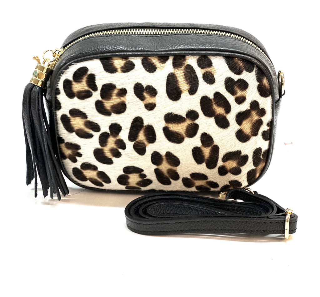 HE1359 White Leopard Tassel Haircalf Crossbody Bag