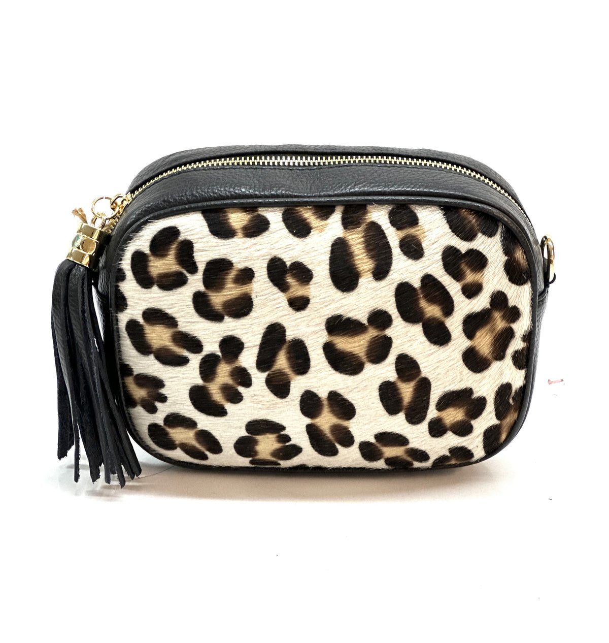HE1359 White Leopard Tassel Haircalf Crossbody Bag