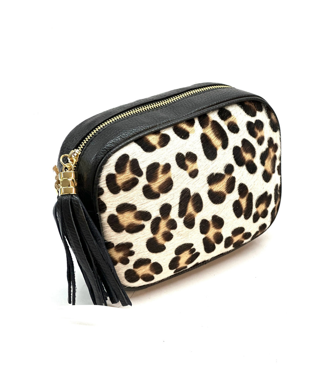 HE1359 White Leopard Tassel Haircalf Crossbody Bag