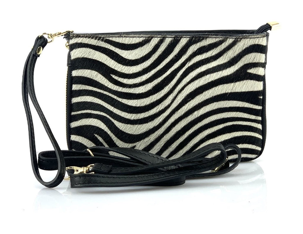 HE1360 Black & White Zebra Wristlet Haircalf Clutch