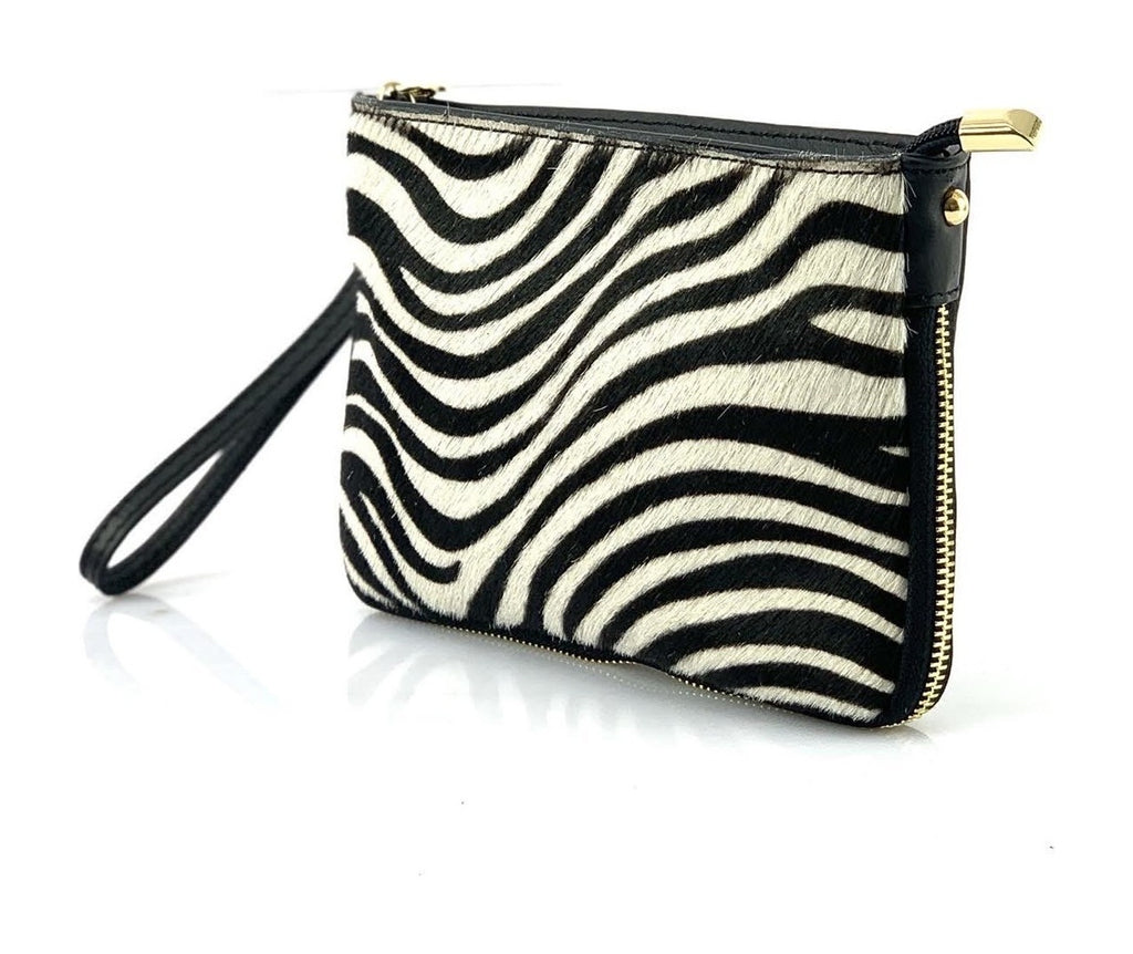 HE1360 Black & White Zebra Wristlet Haircalf Clutch