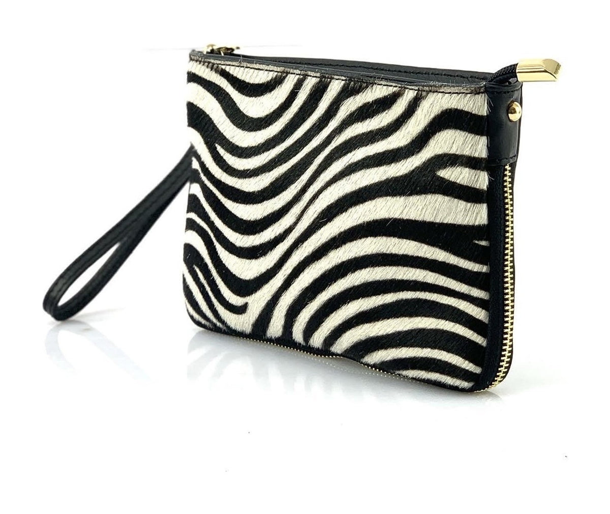 HE1360 Black & White Zebra Wristlet Haircalf Clutch