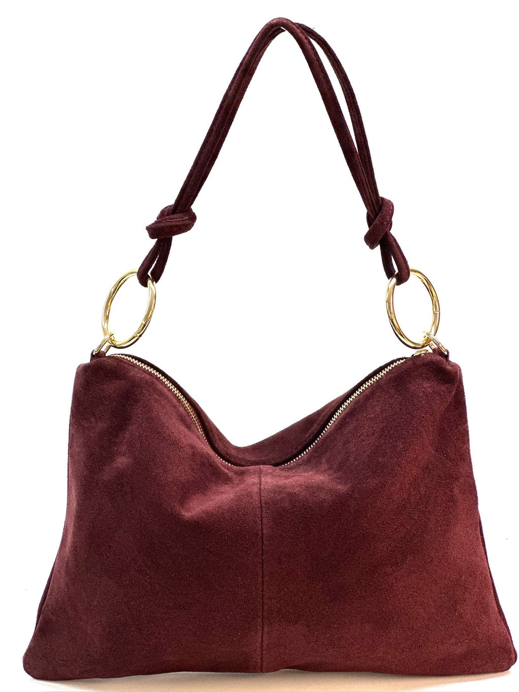 HE1365 Burgundy Ring Handle Suede Hobo Bag