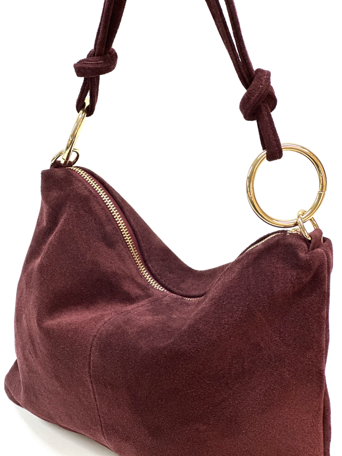 HE1365 Burgundy Ring Handle Suede Hobo Bag