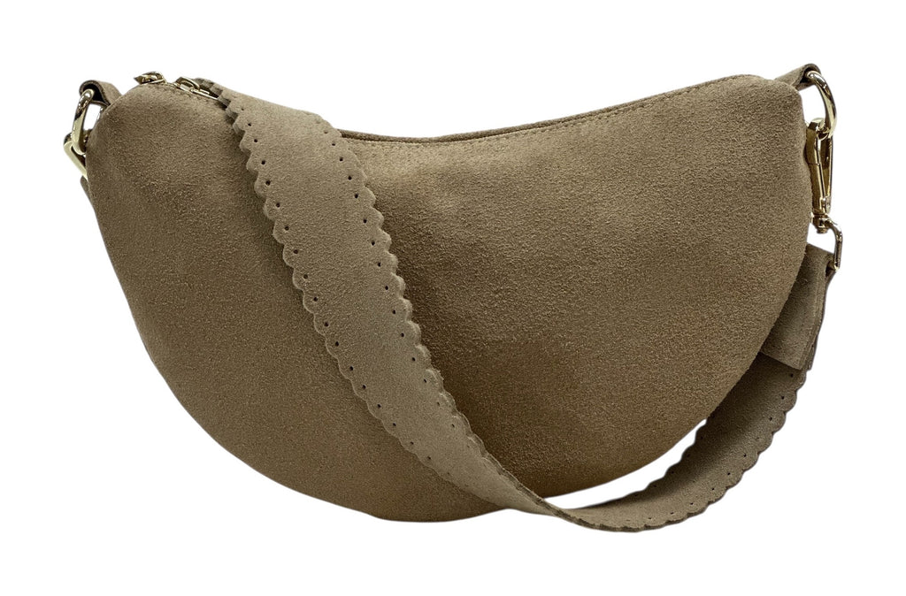 HE1366 Taupe Half-Moon Suede Shoulder Bag