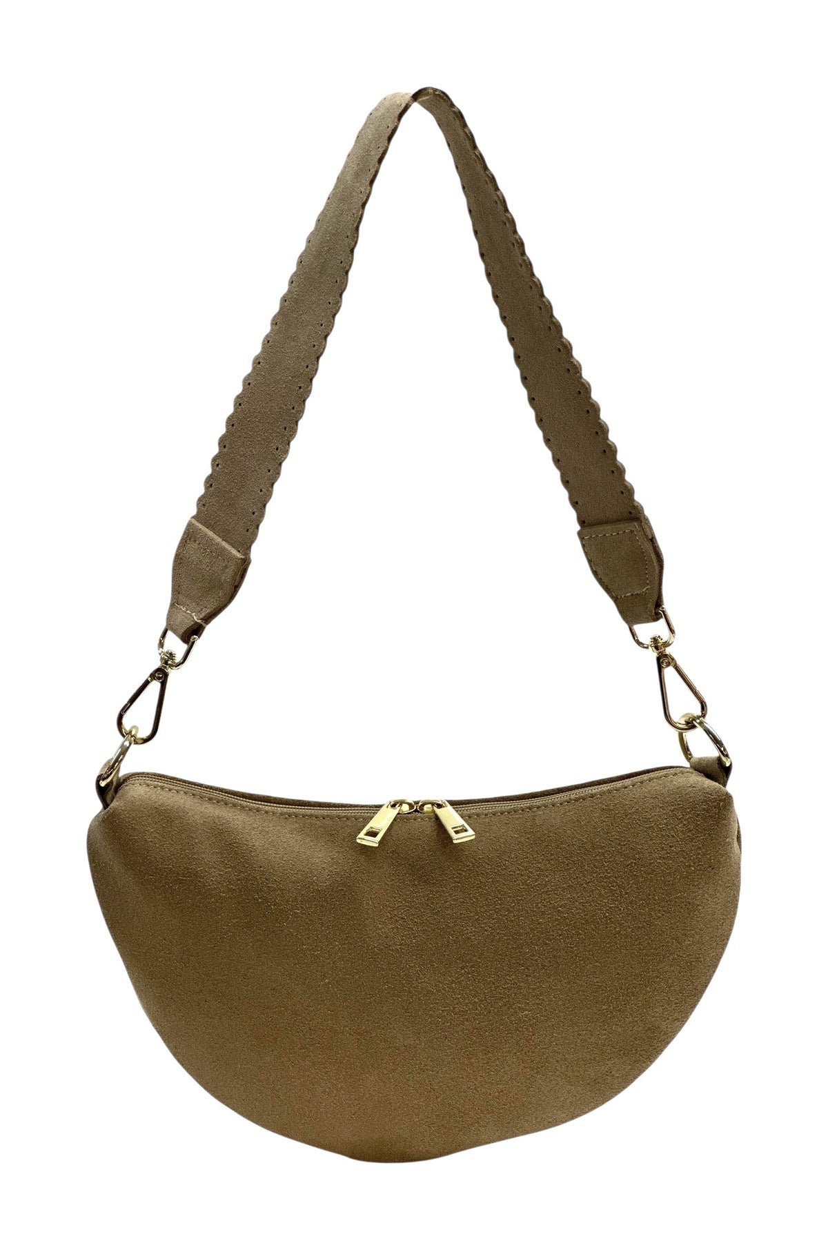HE1366 Taupe Half-Moon Suede Shoulder Bag