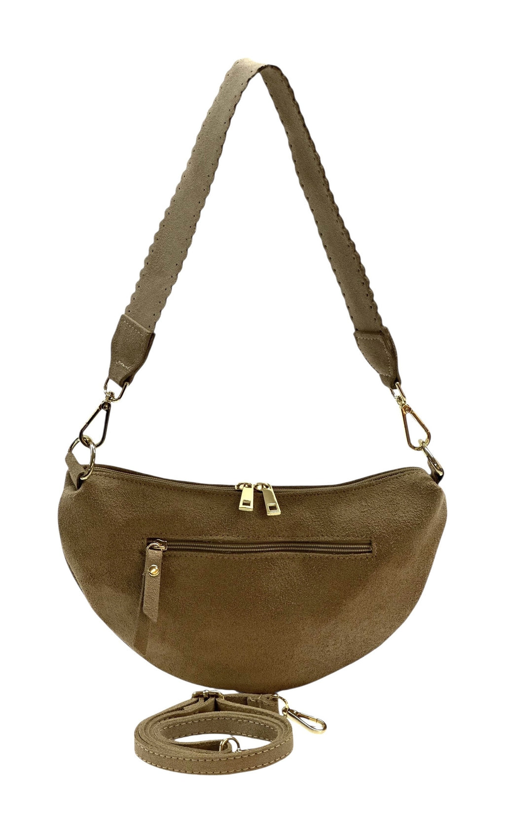 HE1366 Taupe Half-Moon Suede Shoulder Bag