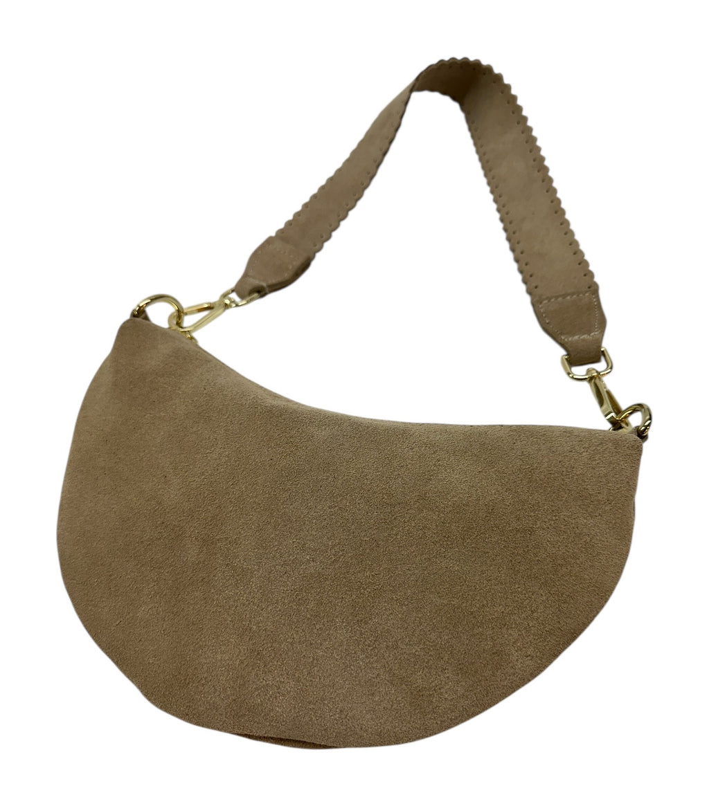 HE1366 Taupe Half-Moon Suede Shoulder Bag