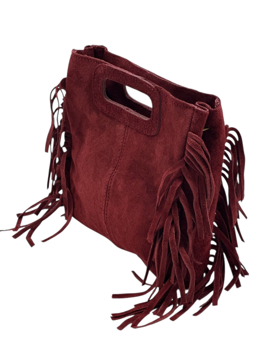 HE1367 Burgundy Fringe Suede Top Handle Bag