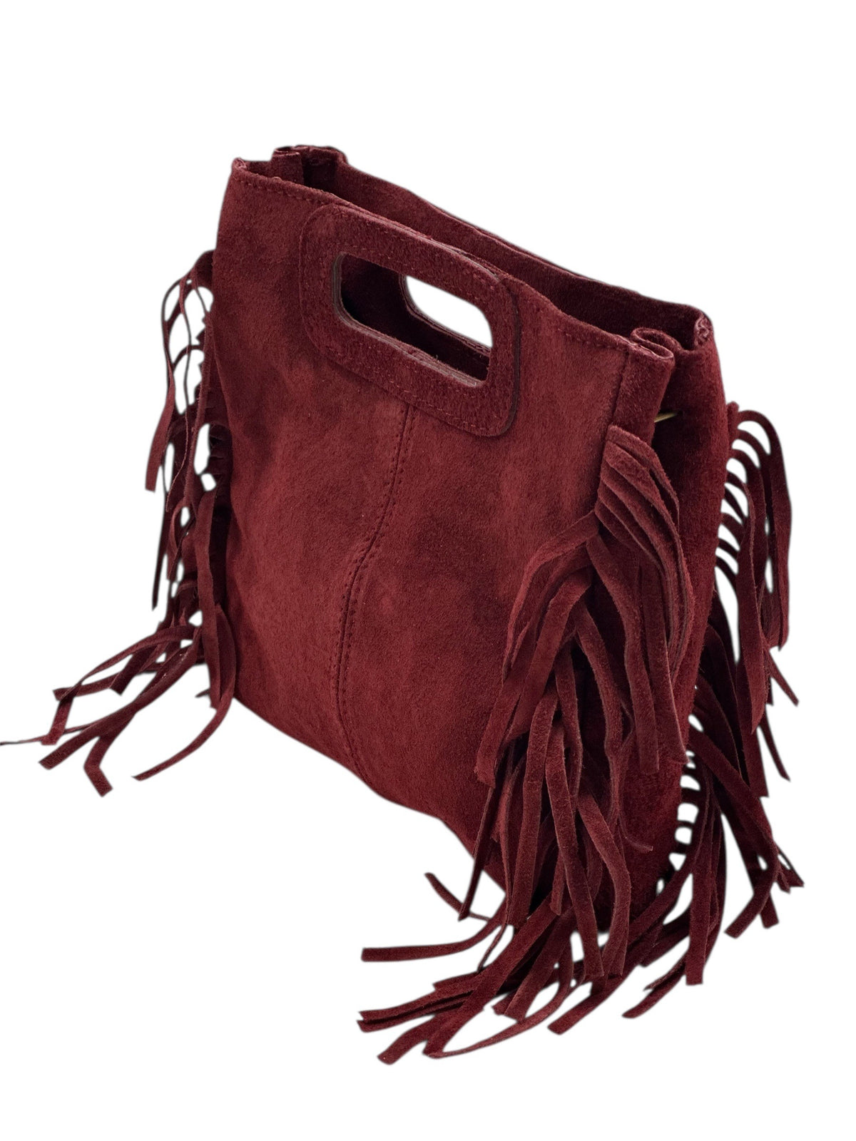 HE1367 Burgundy Fringe Suede Top Handle Bag