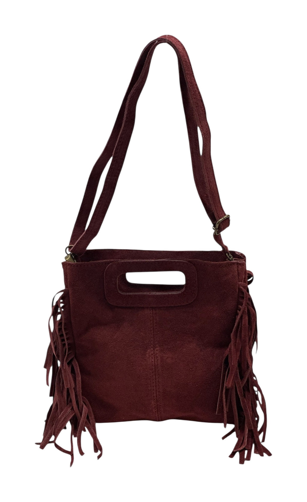 HE1367 Burgundy Fringe Suede Top Handle Bag