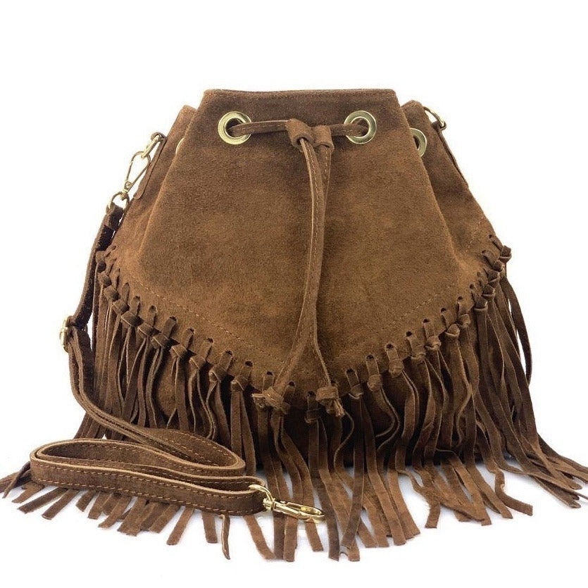 HE1368 Brown Fringe Suede Bucket Bag