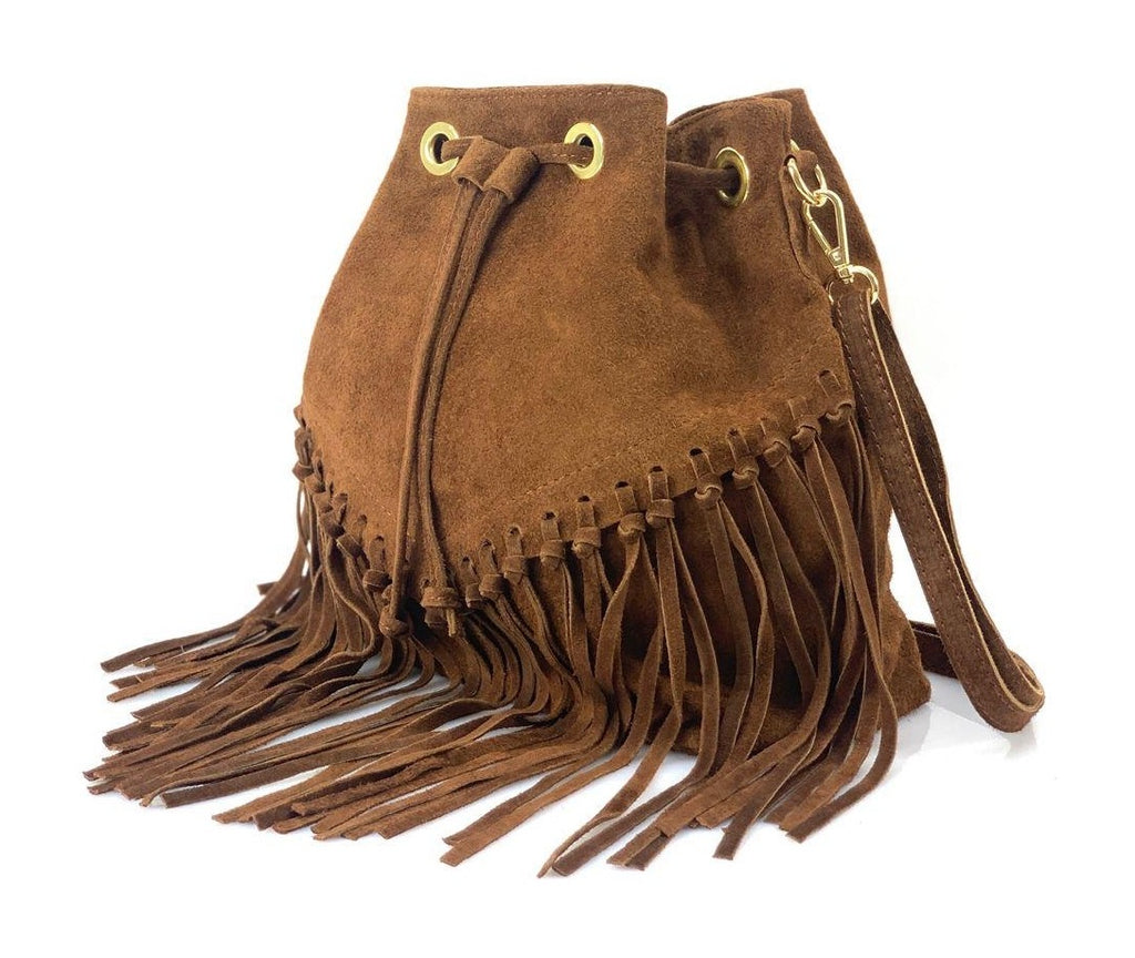 HE1368 Brown Fringe Suede Bucket Bag