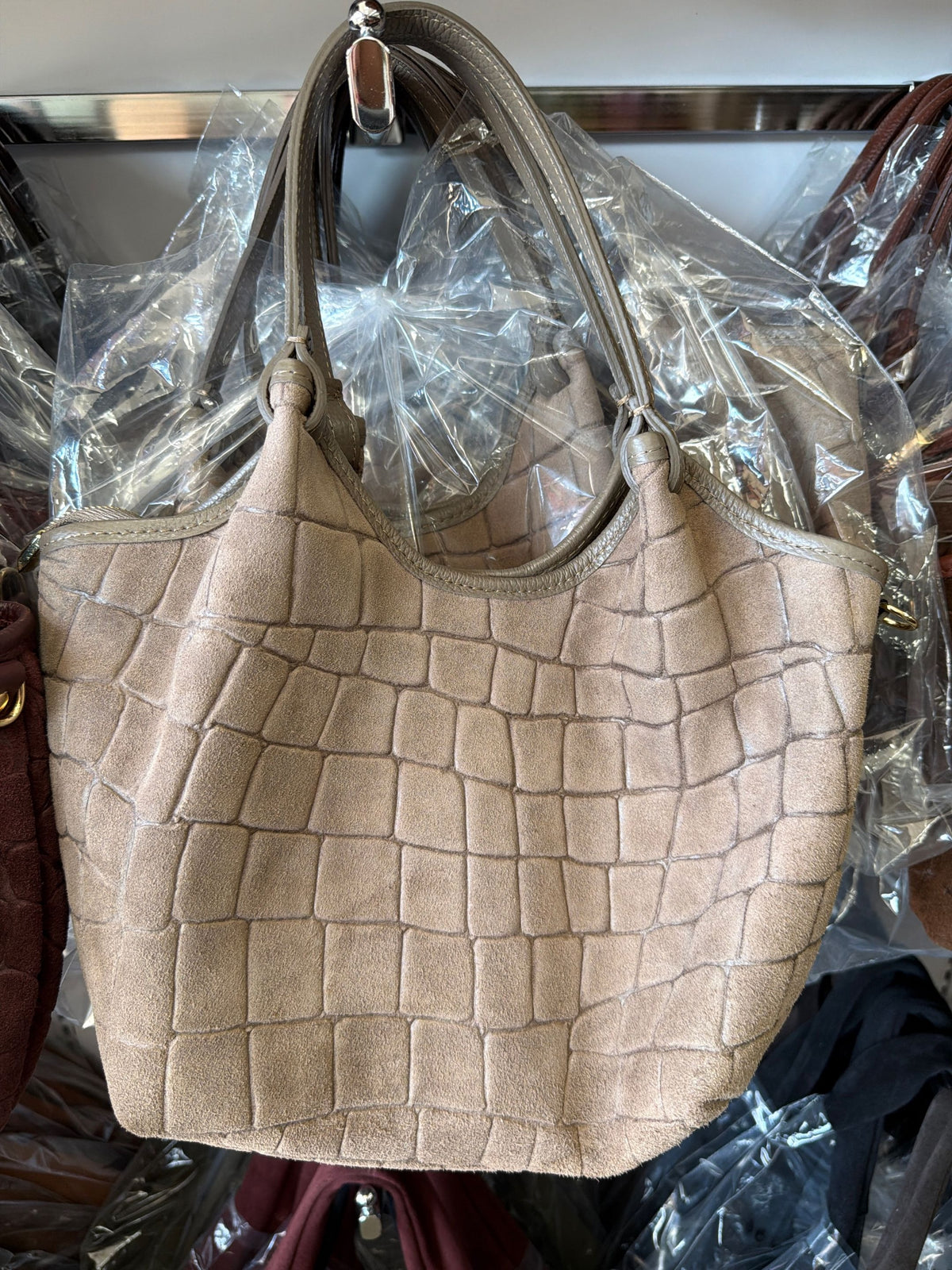 HE1371 Taupe Croc-Embossed Suede Tote Bag
