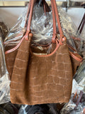 HE1373 Brown Croc-Embossed Suede Tote Bag