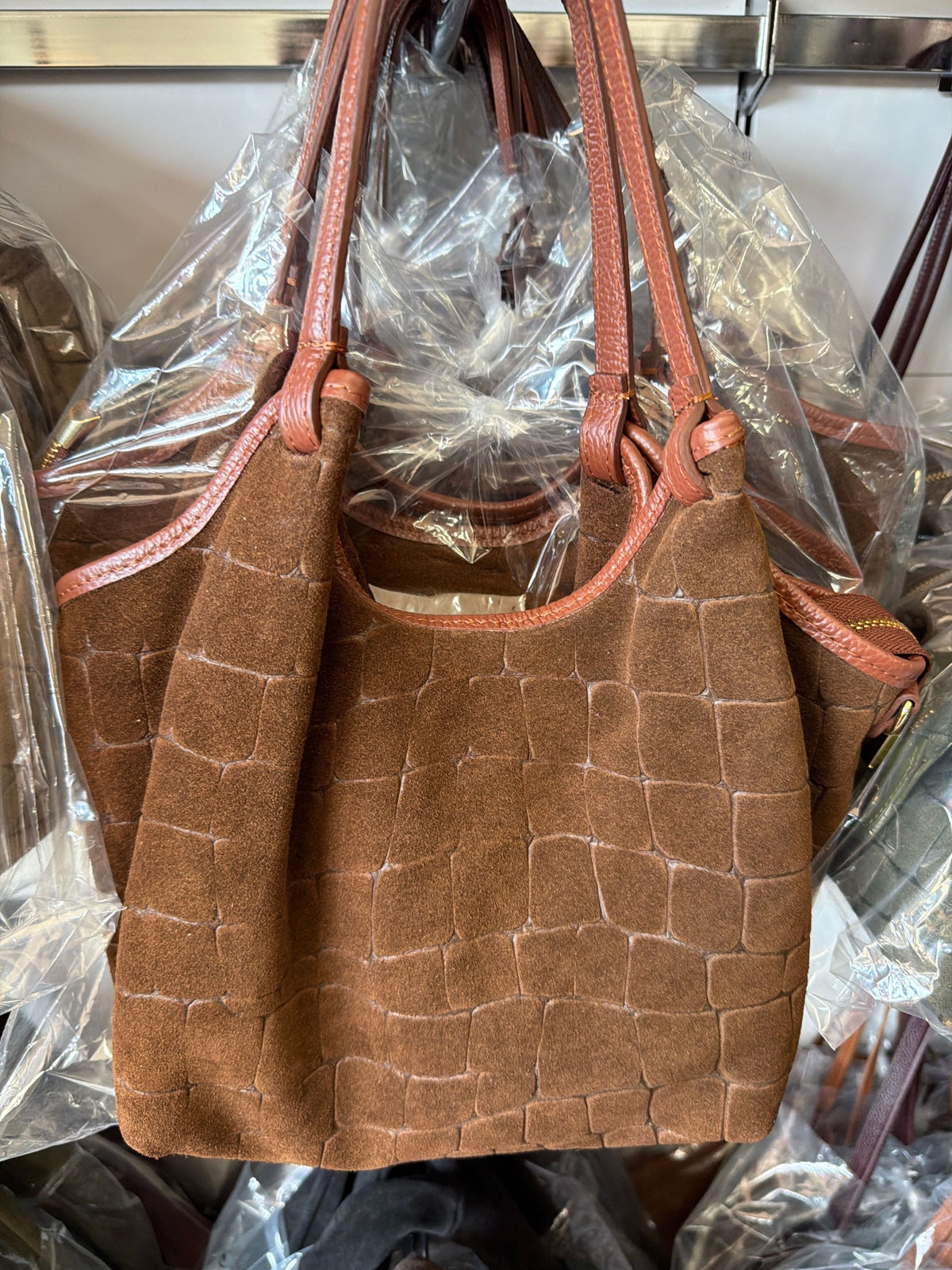 HE1373 Brown Croc-Embossed Suede Tote Bag