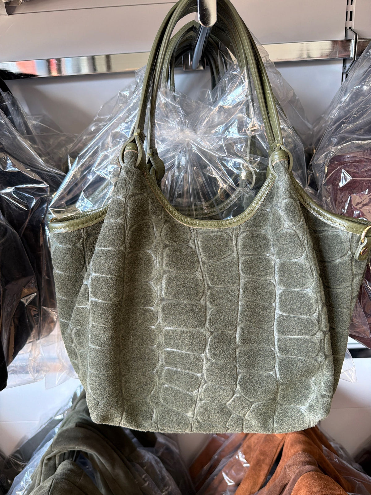HE1374 Military Green Croc-Embossed Suede Tote Bag