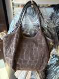 HE1375 Dark Brown Croc-Embossed Suede Tote Bag