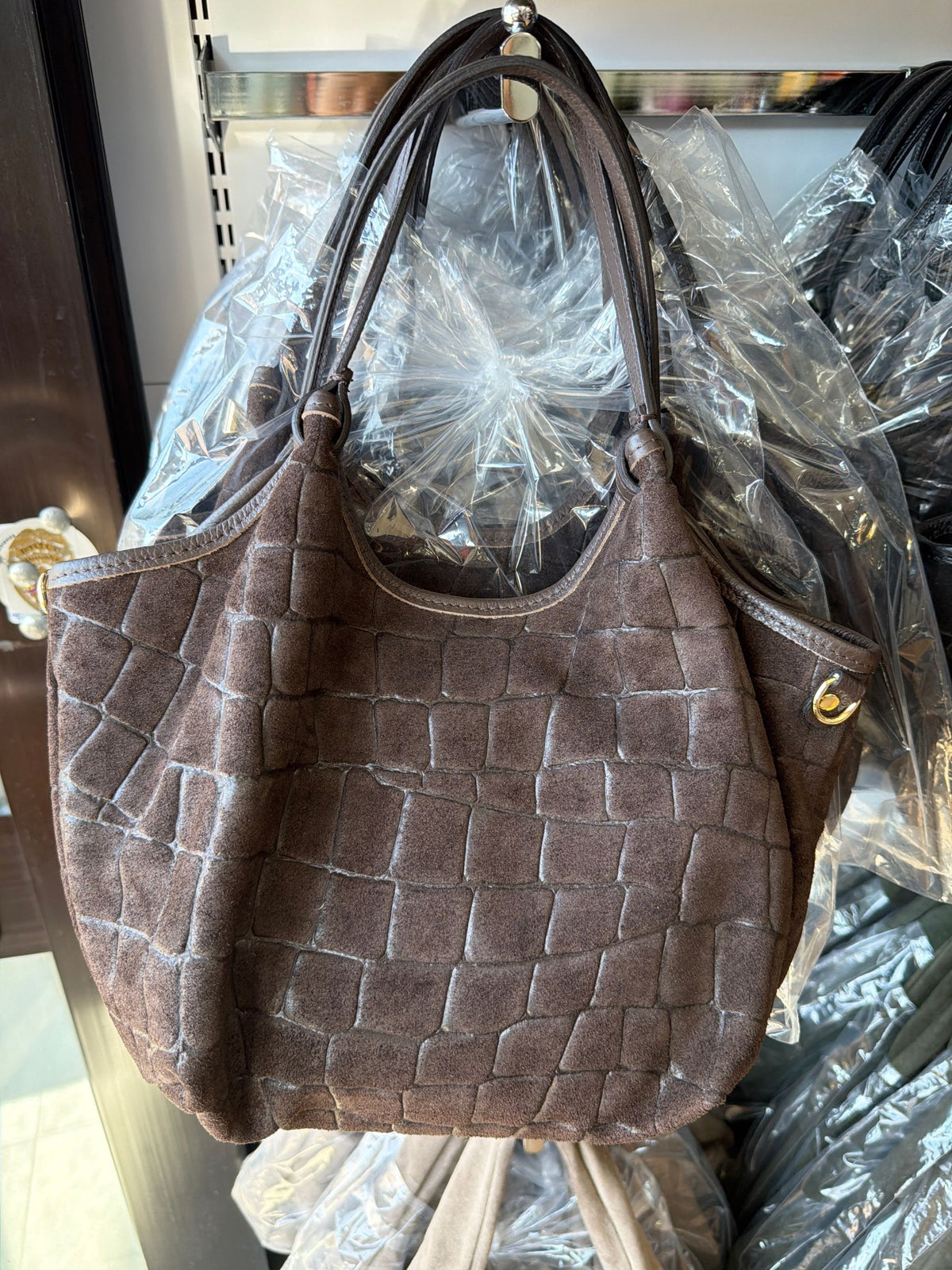 HE1375 Dark Brown Croc-Embossed Suede Tote Bag