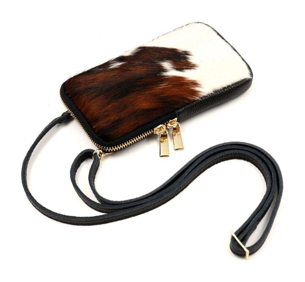 HE1377 Brown & White Cow Print Haircalf Phone Bag