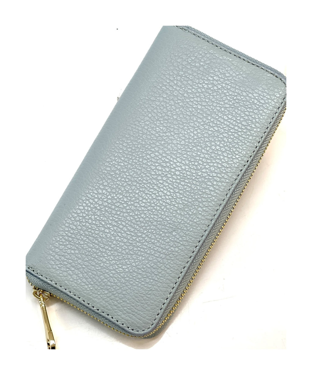 HE176 Pale Blue Grey Leather Zip Around Wallet