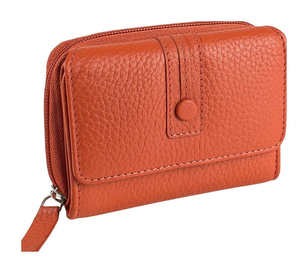 HE210 Papaya Orange Leather Flap Front Zip Wallet