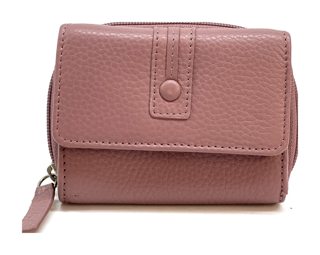 HE213 Dusty Rose Leather Flap Front Zip Wallet