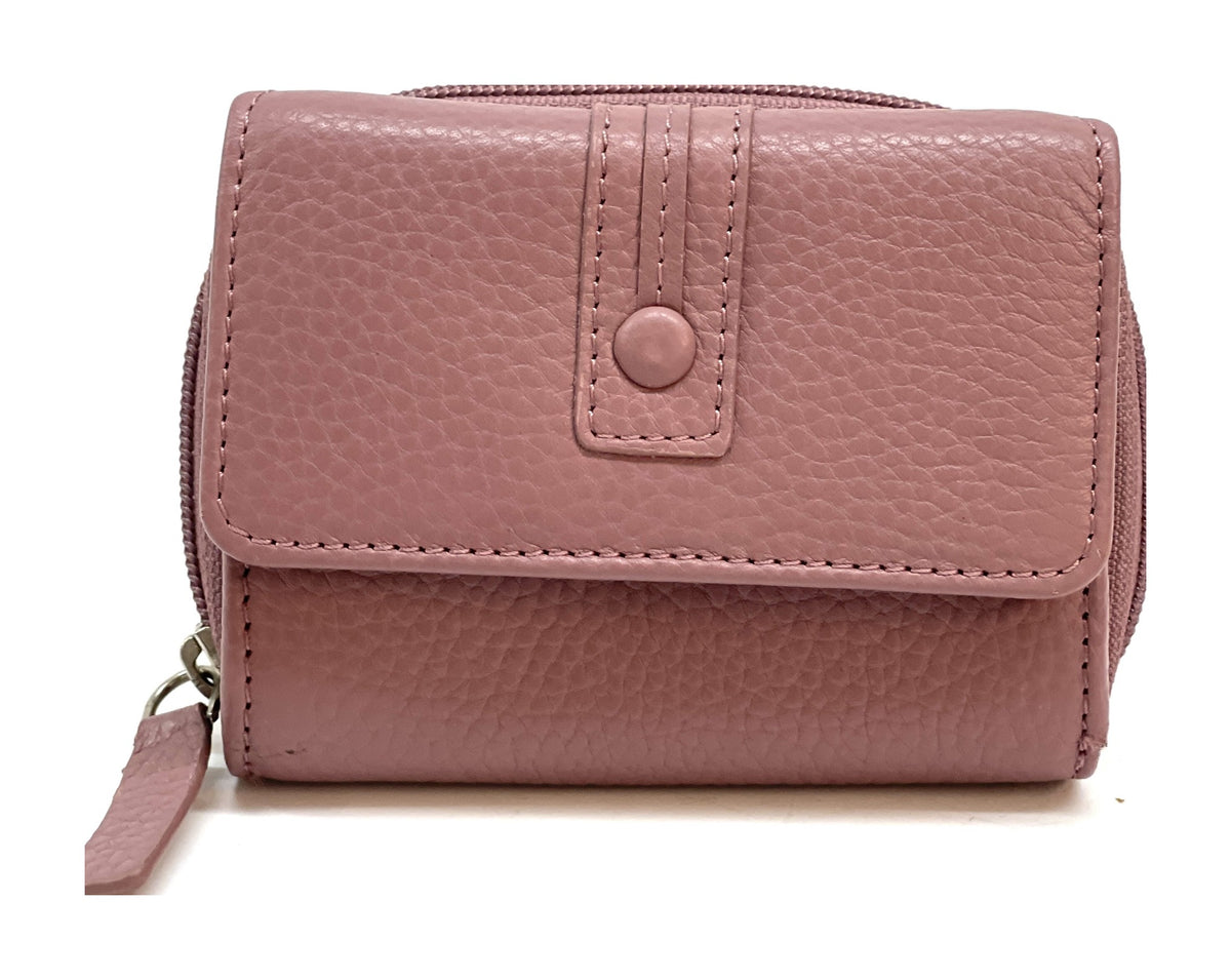 HE213 Dusty Rose Leather Flap Front Zip Wallet
