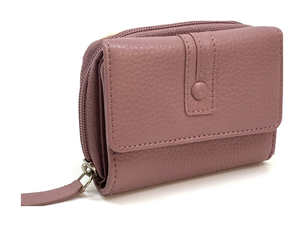 HE213 Dusty Rose Leather Flap Front Zip Wallet