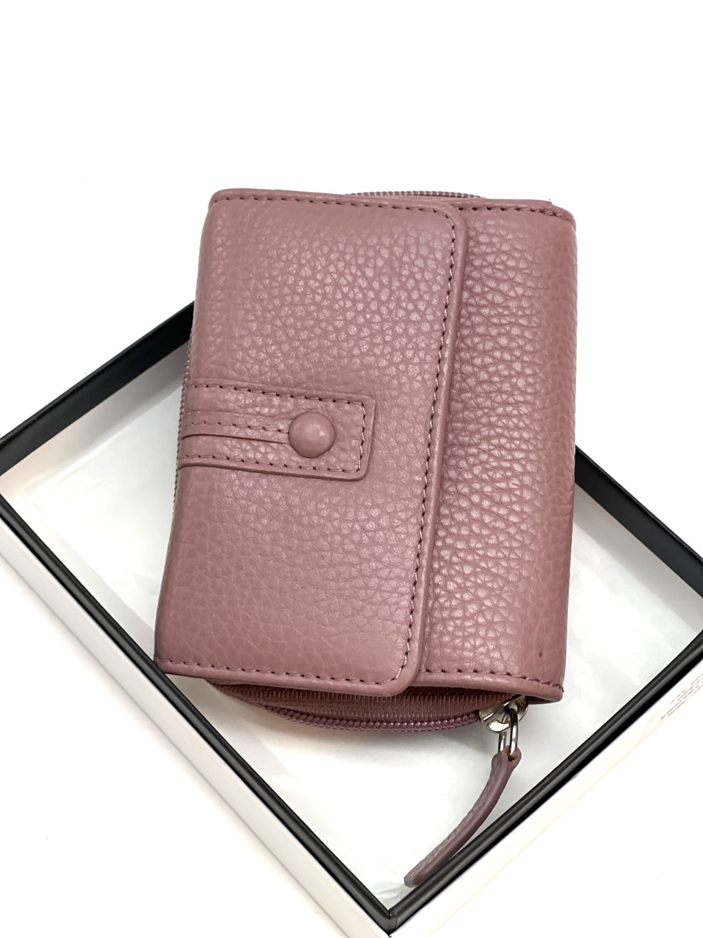 HE213 Dusty Rose Leather Flap Front Zip Wallet
