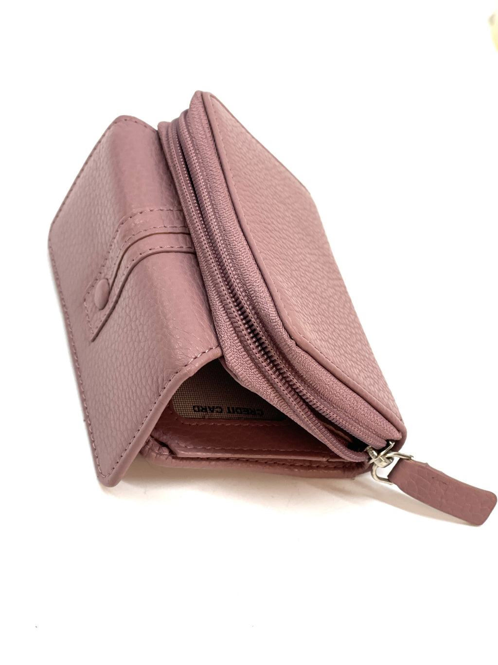 HE213 Dusty Rose Leather Flap Front Zip Wallet