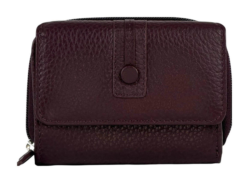 HE215 Burgundy Leather Flap Front Zip Wallet